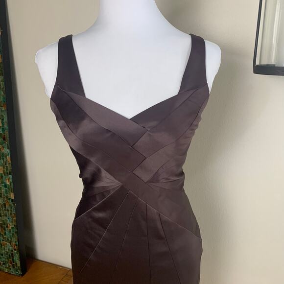 Vintage Y2K Stretch Satin Mini Cocktail Dress Chocolate Brown Formal Flattering - Picture 6 of 13